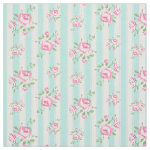 Classic Vintage Rose Floral Stripe Teal Fabric