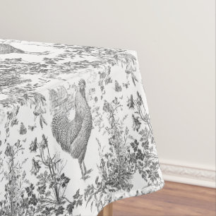 Classic Vintage Rustic Rooster Grey Floral Toile Tablecloth