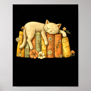 Classic vintage sleeping cat and books cute poster