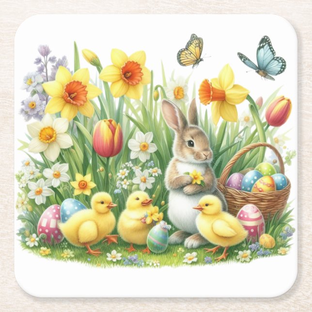 Classic/Vintage spring rabbit/chicken Square Paper Coaster (Front)