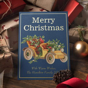 Classic Vintage Style Car Mistletoe Christmas Gold Foil Holiday Card