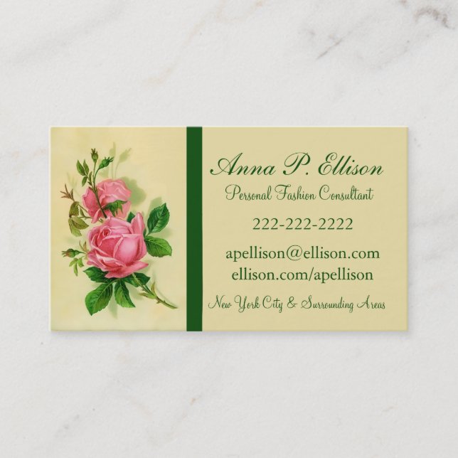 Classic Vintage Style Pink Roses Business Card (Front)