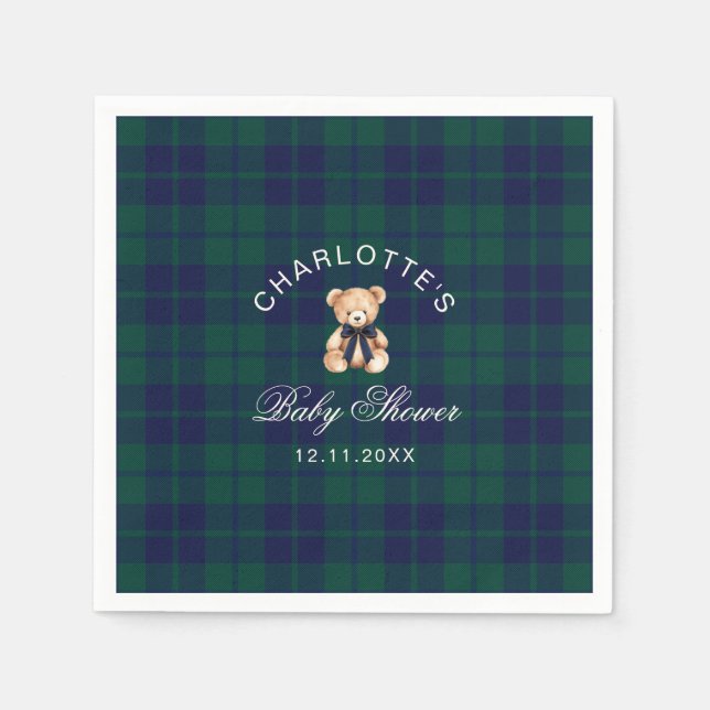 Classic Vintage Teddy bear Plaid Baby Shower Napkin (Front)