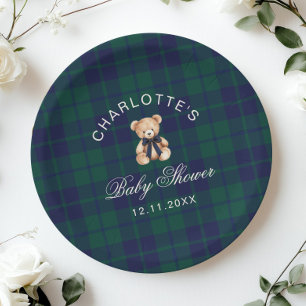 Classic Vintage Teddy bear Plaid Baby Shower Paper Plate
