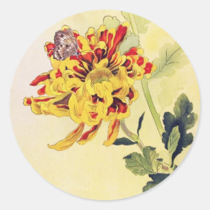 Classic vintage ukiyo-e chrysanthemum butterfly round sticker
