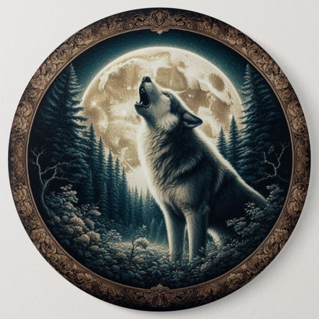 Classic, vintage wolf & moon  6 cm round badge (Front)