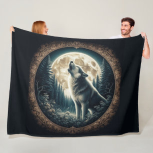 Classic, vintage wolf & moon  fleece blanket