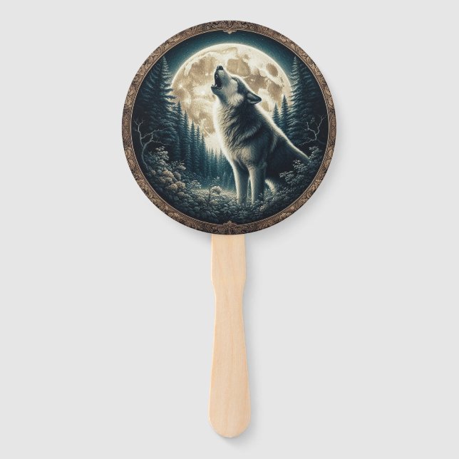 Classic, vintage wolf & moon  hand fan (Front)