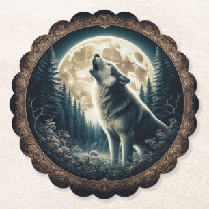 Classic, vintage wolf & moon  paper coaster
