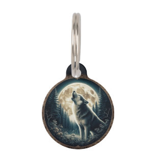 Classic, vintage wolf & moon pet tag