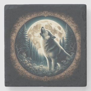 Classic, vintage wolf & moon stone coaster