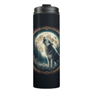 Classic, vintage wolf & moon thermal tumbler