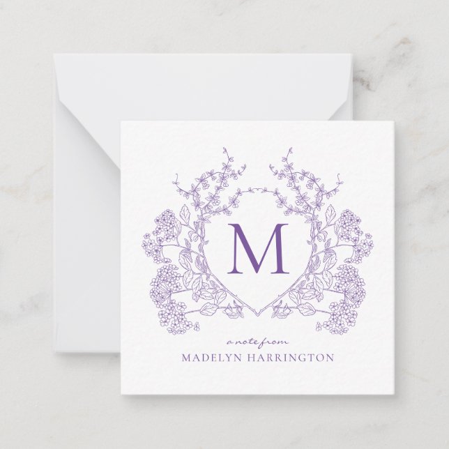 Classic Violet Floral Crest Monogram Card (Front)