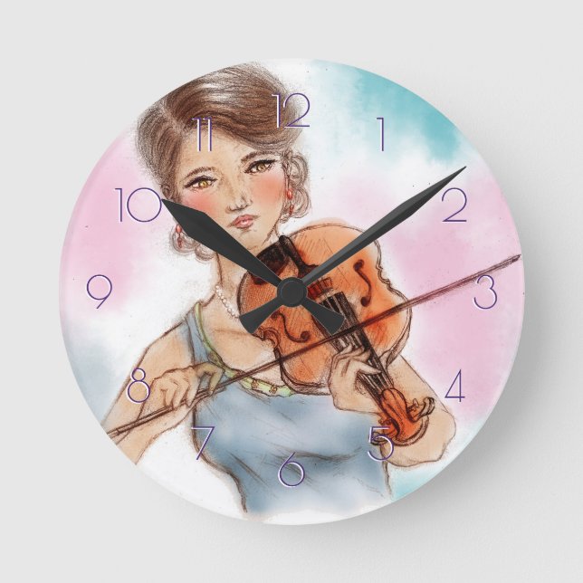 Classic Violin Lady Round Clock, Vintage Art Clock (Front)