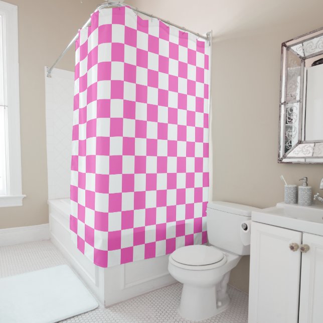 Classic visual pink chequerboard  shower curtain (In Situ)