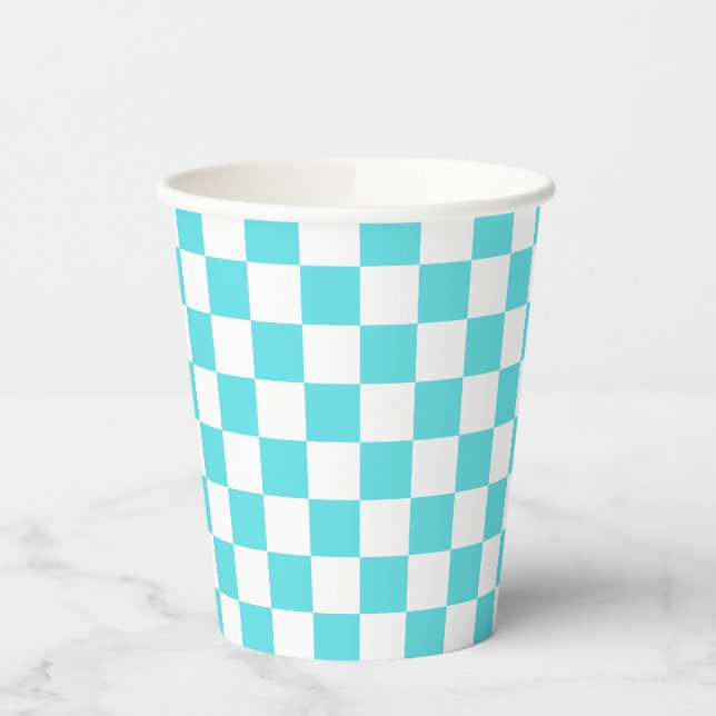 Classic visual turquoise blue checkerboard  paper cups (Left)