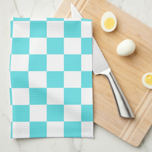 Classic visual turquoise blue chequerboard  tea towel (Quarter Fold)