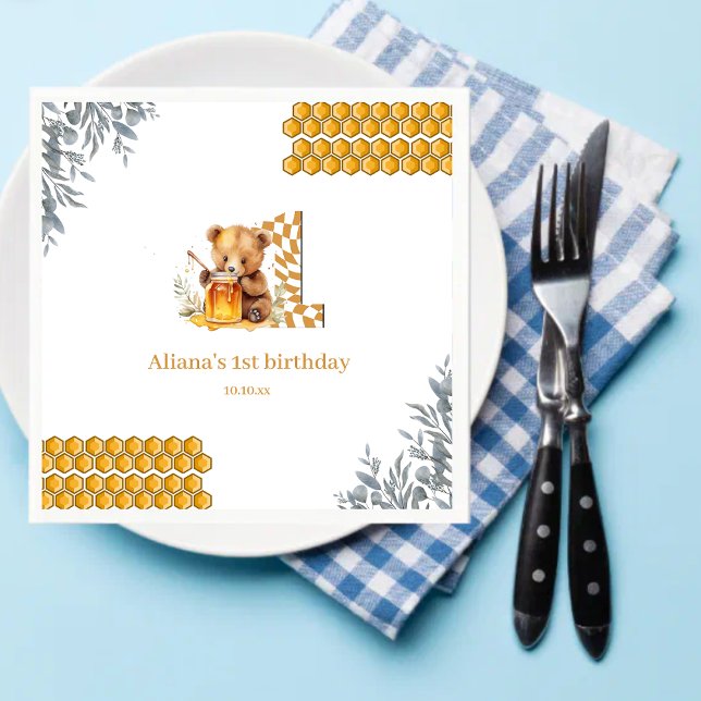 Classic Watercolor Bear Honey First birthday Napkin (Creator Uploaded)