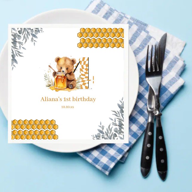 Classic Watercolor Bear Honey fourth birthday Napkin (Creator Uploaded)