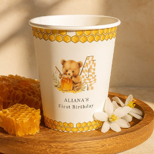 Classic Watercolor Bear Honey Fourth birthday Paper Cups