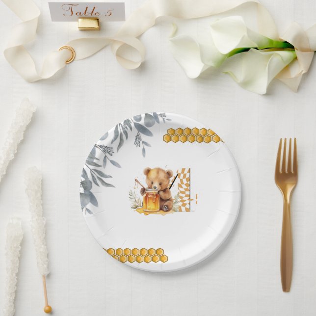 Classic Watercolor Bear Honey fourth birthday  Paper Plate (Wedding)