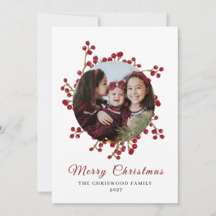 Classic Watercolor Berry Wreath Photo Christmas Holiday Card