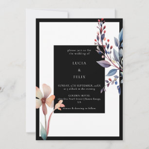 Classic Watercolor Black Floral Minimalist Wedding Invitation