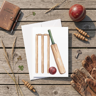 Classic Watercolor Cricket Bat and Ball Card