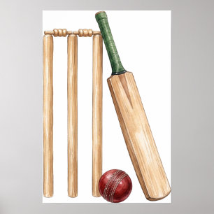 Classic Watercolor Cricket Bat and Ball Poster