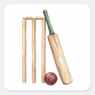 Classic Watercolor Cricket Bat and Ball Square Sticker