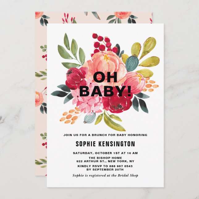 Classic Watercolor Flowers Baby Shower Brunch Invitation (Front/Back)