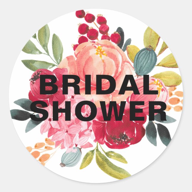 Classic Watercolor Flowers Floral Bridal Shower Round Sticker (Front)