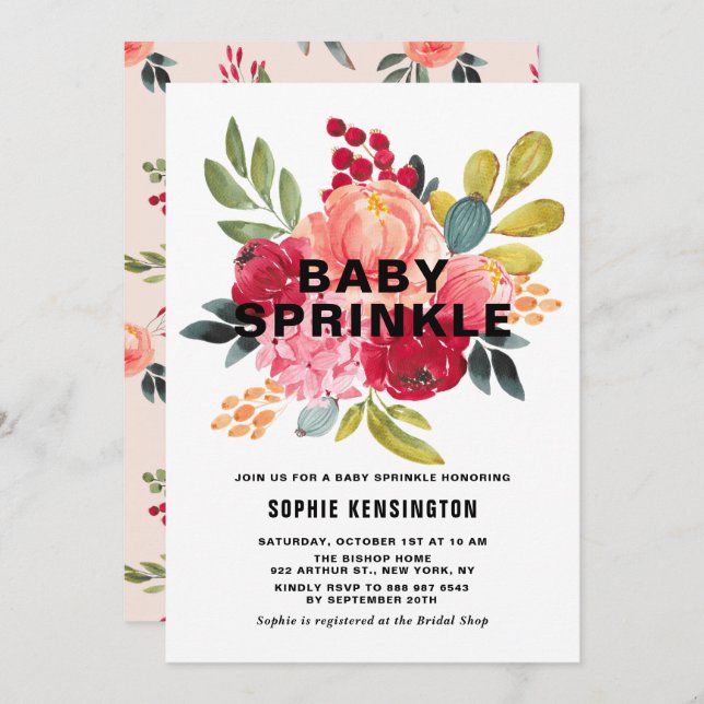 Classic Watercolor Flowers Twins Baby Sprinkle Invitation (Front/Back)