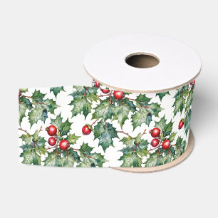 Classic Watercolor Holly and Red Berry Grosgrain Ribbon