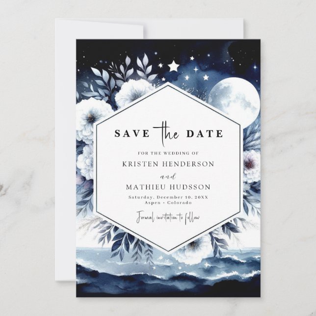 Classic Watercolor Moonlit Wedding Save The Date (Front)