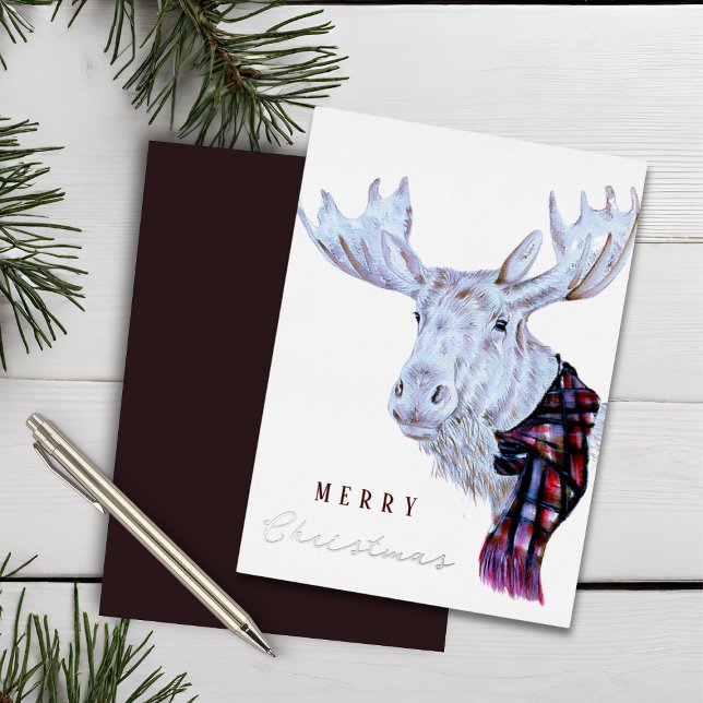Classic Watercolor Moose Merry Christmas Foil Holiday Card (Creator Uploaded)