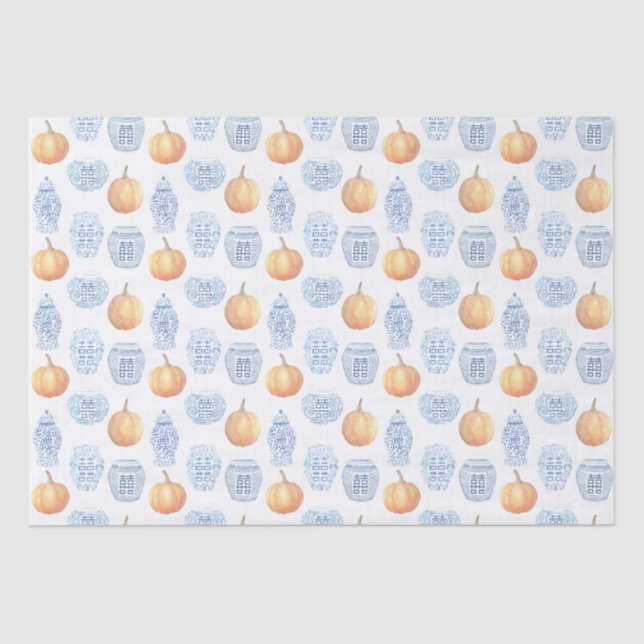Classic Watercolor Pumpkins Blue White Ginger Jars Tissue Paper (Front)