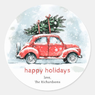 Classic Watercolor Red Car Christmas Tree Holiday  Classic Round Sticker