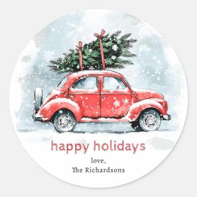 Classic Watercolor Red Car Christmas Tree Holiday  Round Sticker (Front)