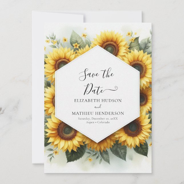 Classic Watercolor Sunflower Wedding Save The Date (Front)