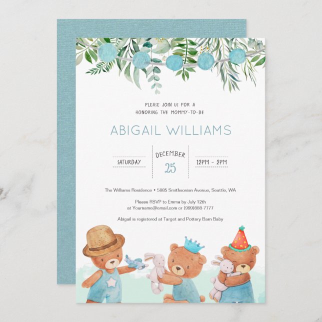 Classic Watercolor Teddy Bear Baby Shower Invitation (Front/Back)