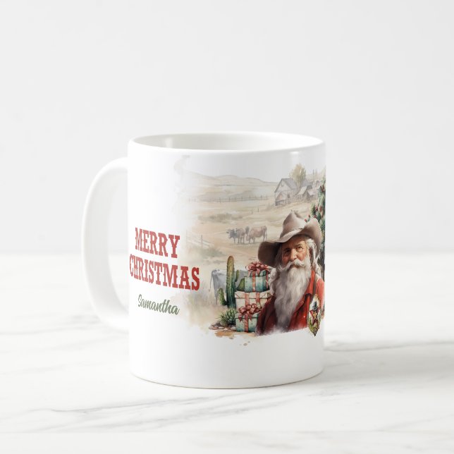 Classic watercolor Western with Santa cowboy hat  Coffee Mug (Front Left)