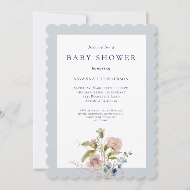 Classic Watercolor Wildflower Blue Baby Shower Invitation (Front)