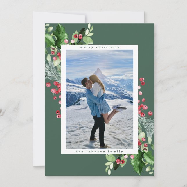 Classic Watercolour Holly Green Christmas Photo Holiday Card (Front)
