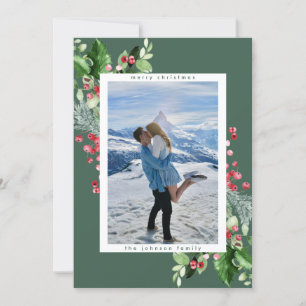 Classic Watercolour Holly Green Christmas Photo Holiday Card
