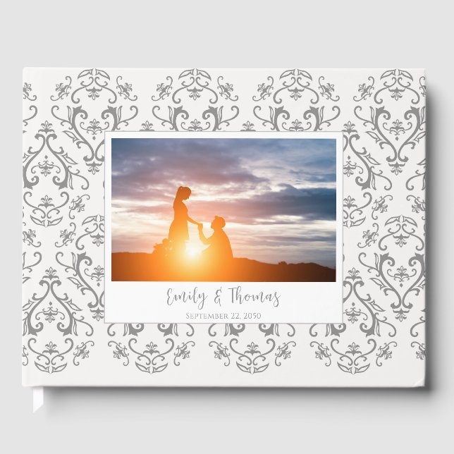 Classic Wedding Elegant Damask Pattern Grey Guest Book (Front)