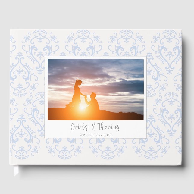 Classic Wedding Elegant Damask Pattern Light Blue Guest Book (Front)