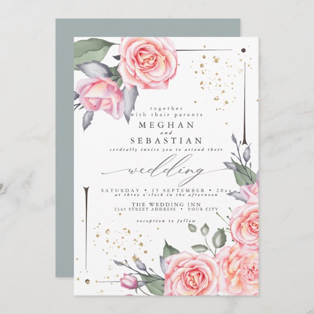Classic Wedding Elegant Watercolor Pink Roses Invitation (Front/Back)