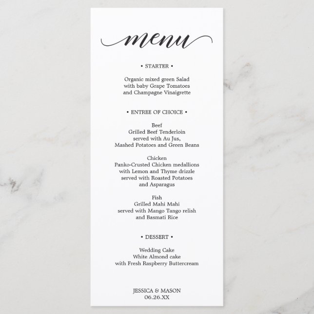 Classic Wedding Menu or Bridal Shower Menu Card (Front)