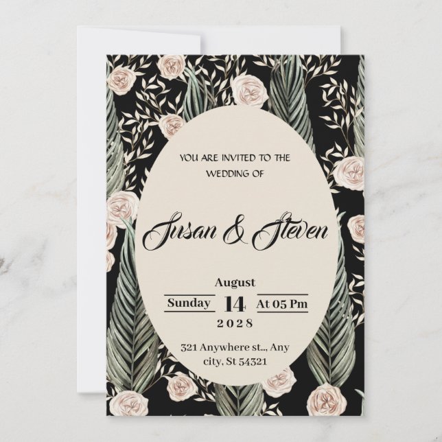 Classic wedding, pink roses, beige, green foliage invitation (Front)